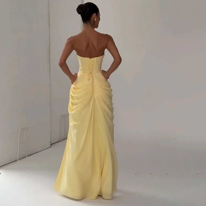 Solid Pleated Strapless Dress