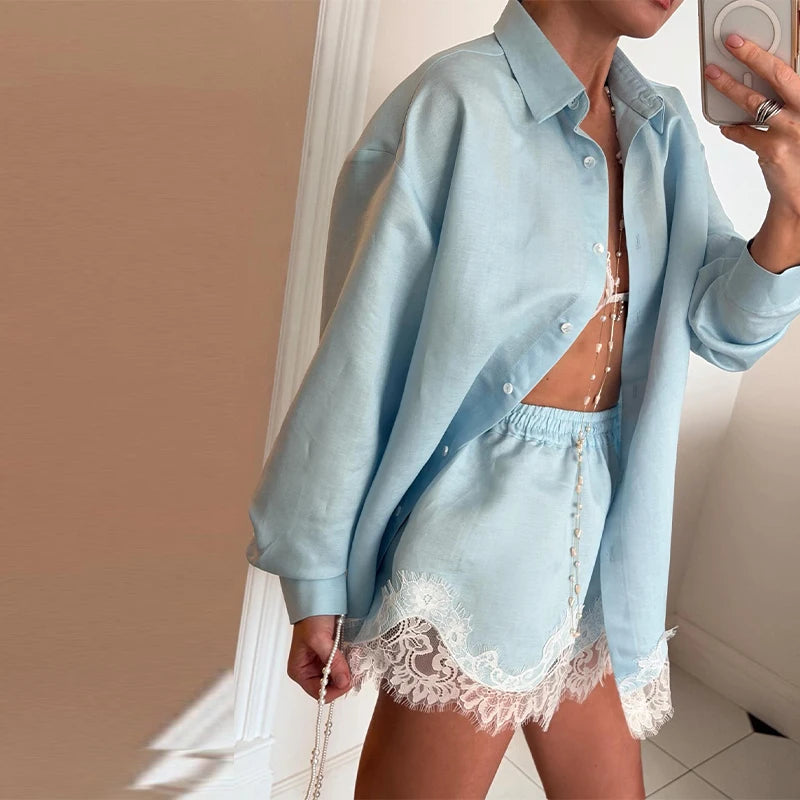 Long Sleeve Button Up Lace Patchwork Shorts Set