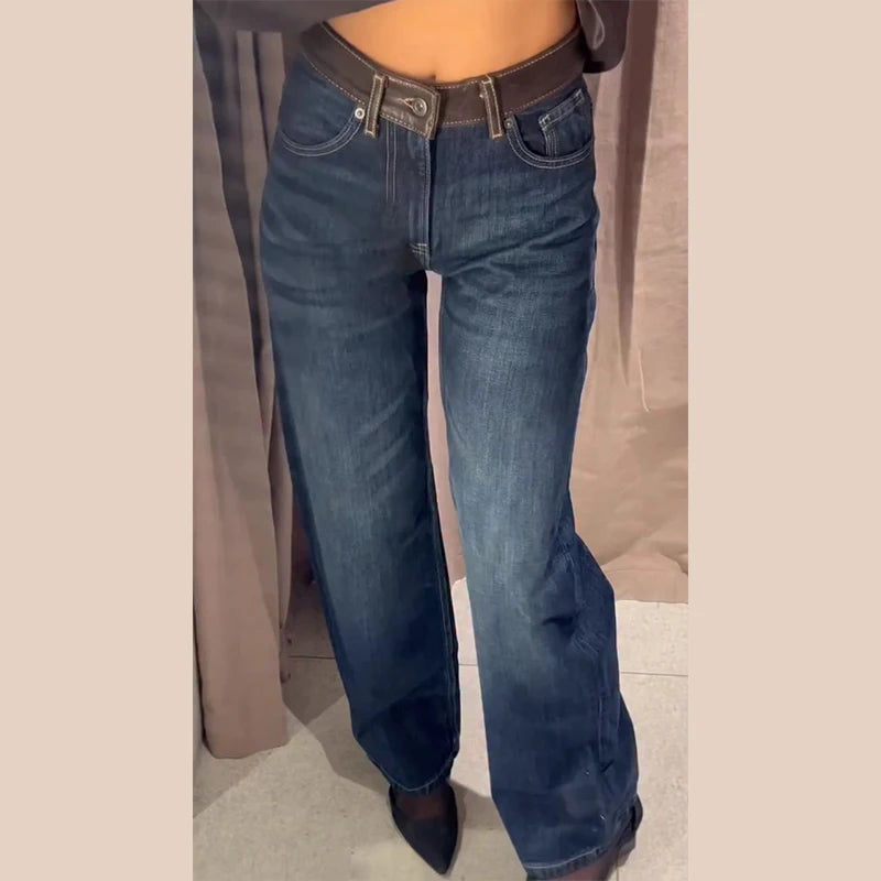 Leather Patchwork Denim Trousers