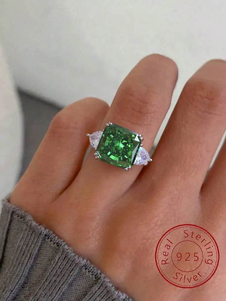 Sterling Silver Green White Sugar Cube Zirconia Ring