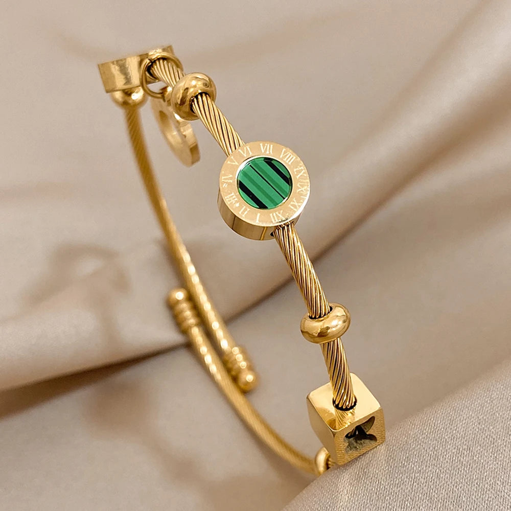 Stainless Steel Malachite Charm Bracelet