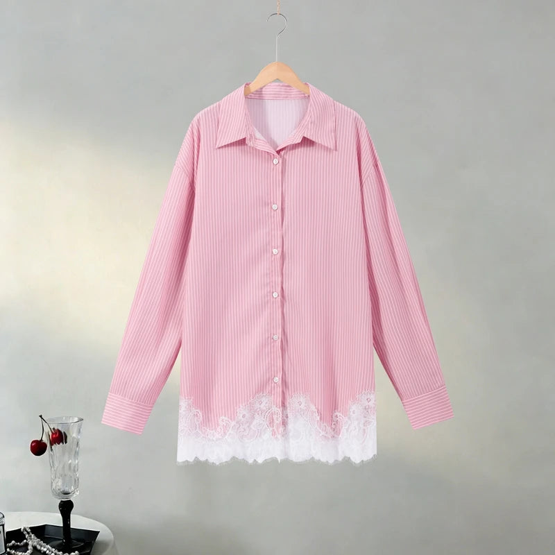 Long Sleeve Button Up Lace Patchwork Shorts Set