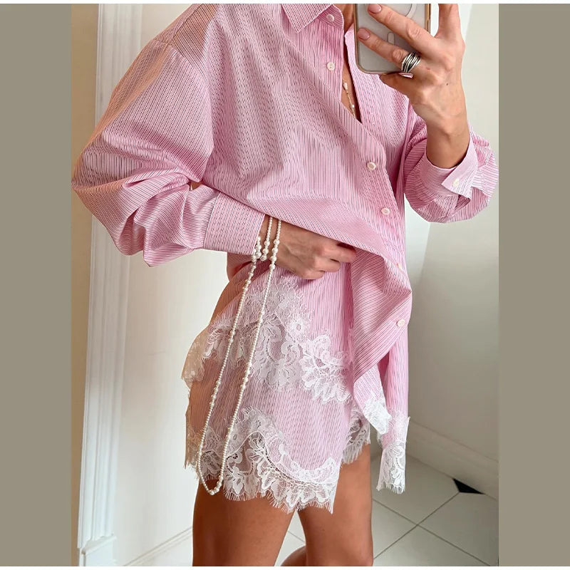 Long Sleeve Button Up Lace Patchwork Shorts Set