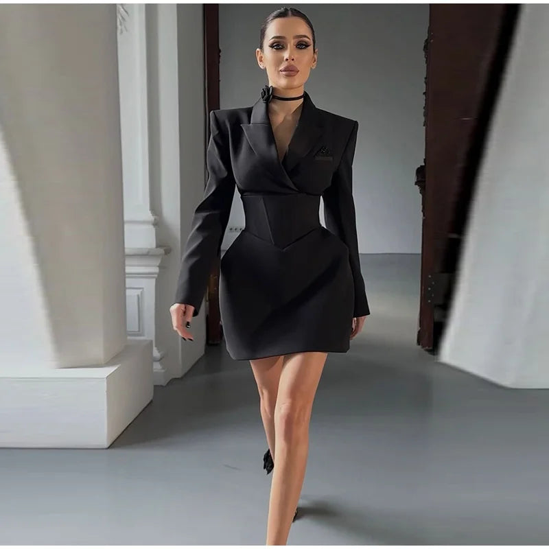 Lapel Waist Cinching Suit Dress