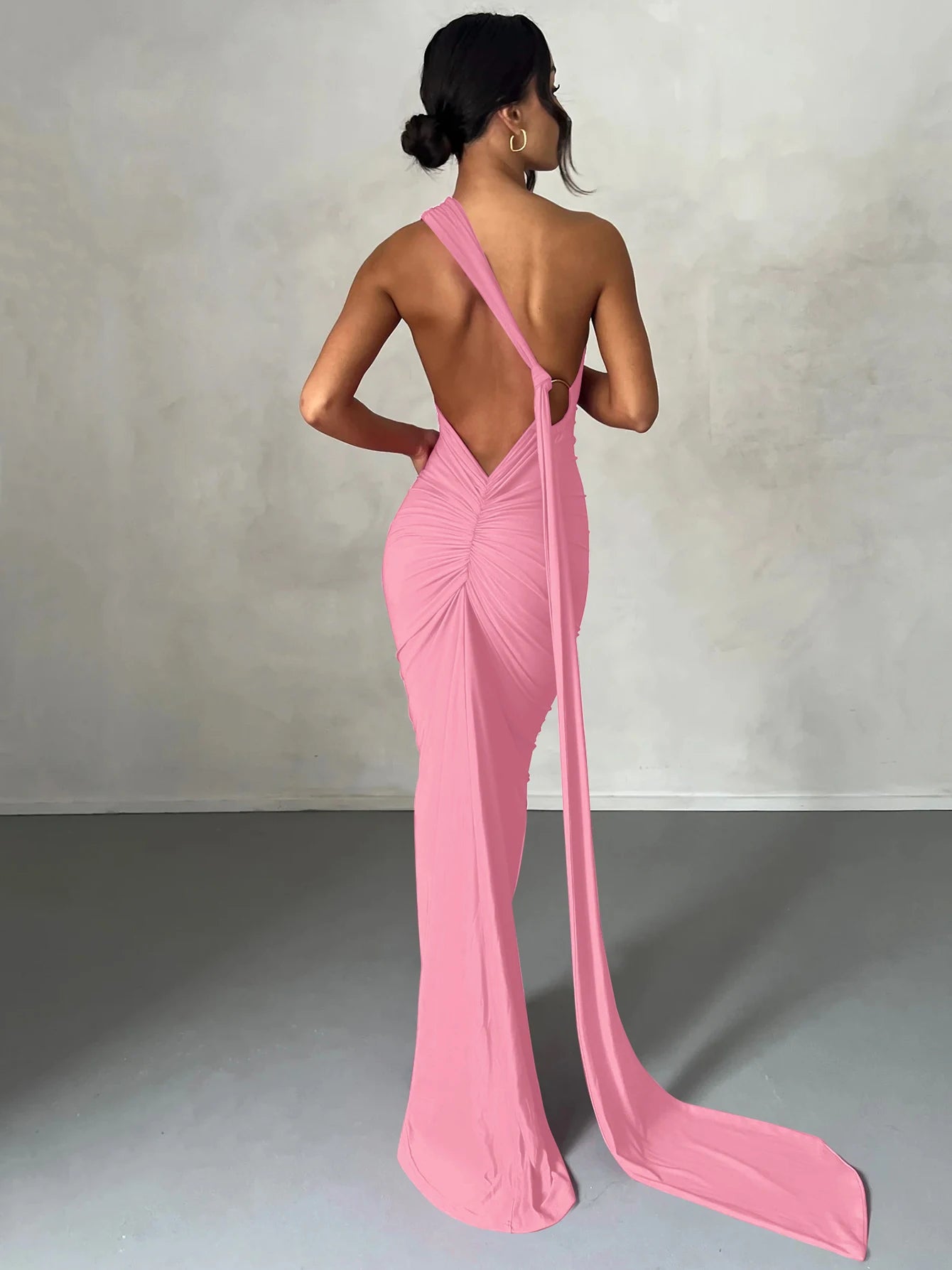 One Shoulder Backless Ruched Dress
