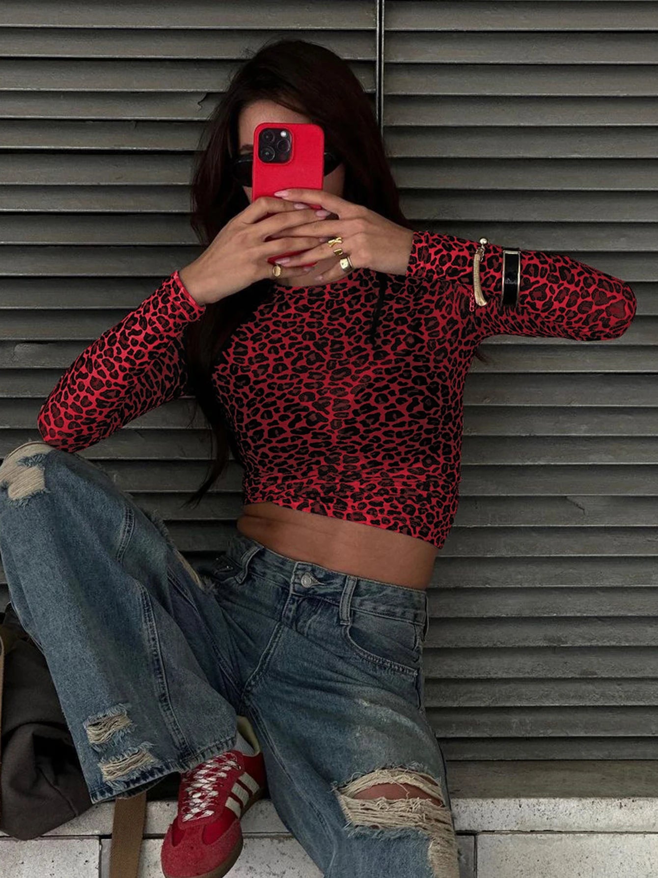 Leopard Bodycon Long Sleeve Crop