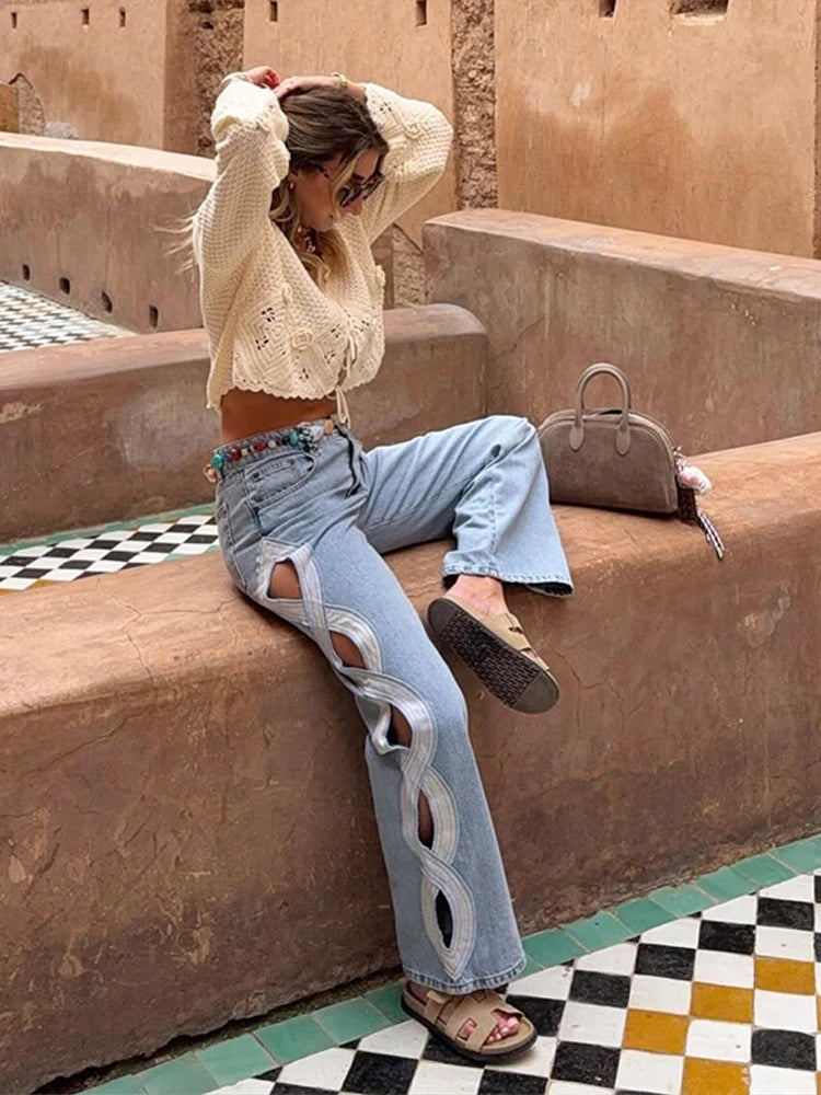 Hollow-out Denim Pants