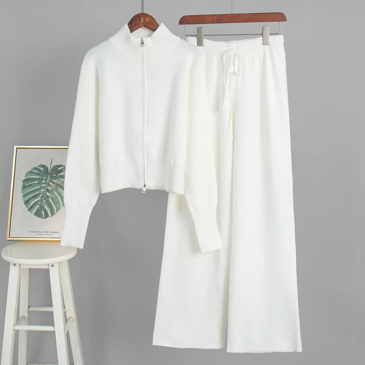 Knit Zip Up Cardigan Wide Leg Pants Set