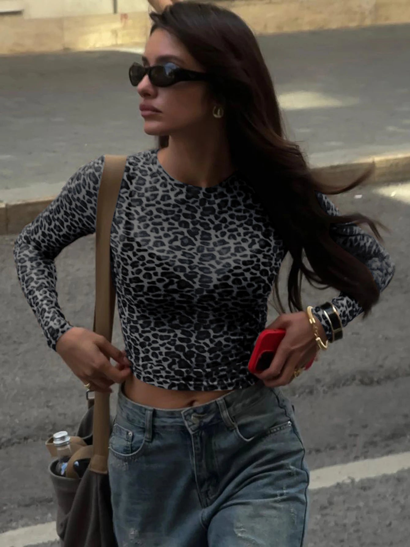 Leopard Bodycon Long Sleeve Crop