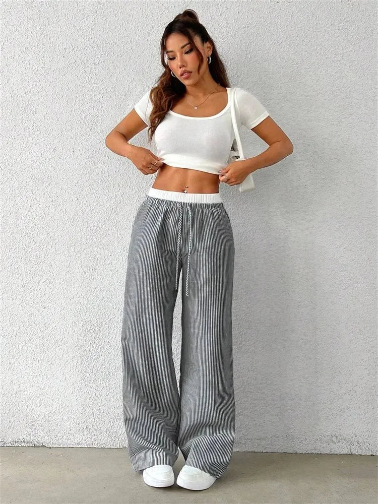 Casual Striped Woven Wide Leg Pants