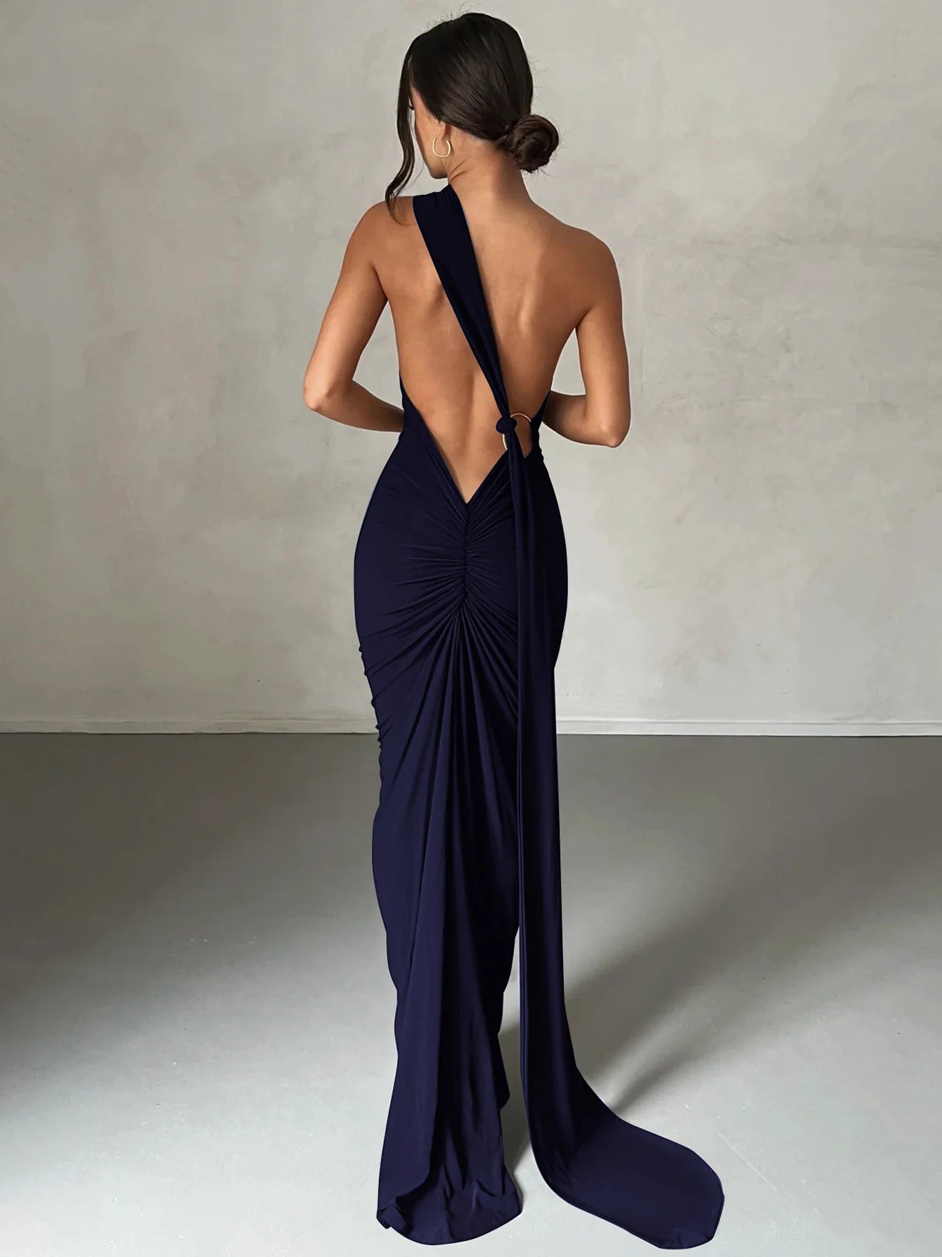 One Shoulder Backless Ruched Dress