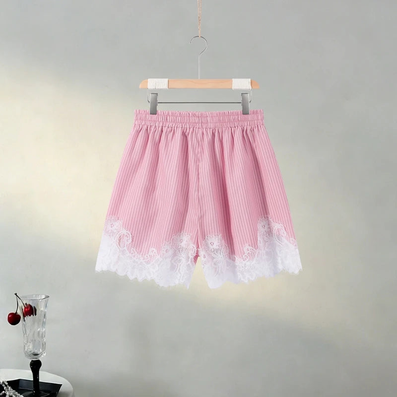 Long Sleeve Button Up Lace Patchwork Shorts Set
