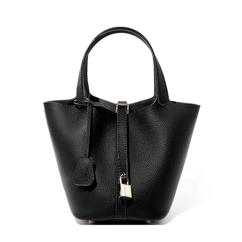 Genuine Leather Bucket Bag with Lock