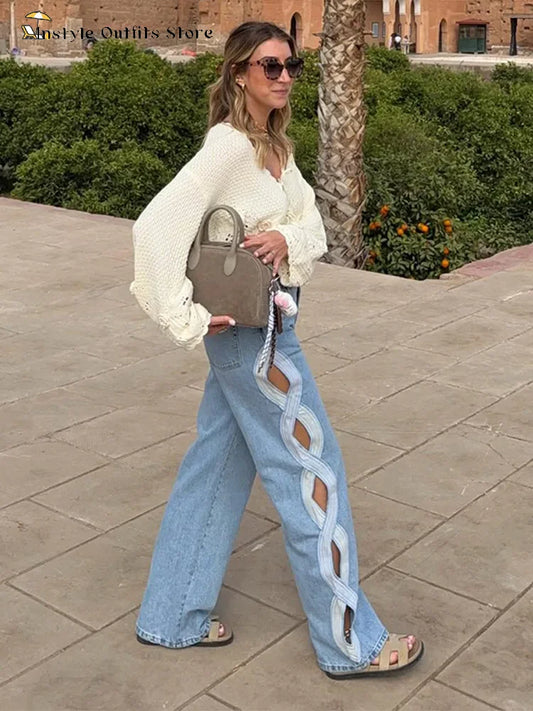 Hollow-out Denim Pants