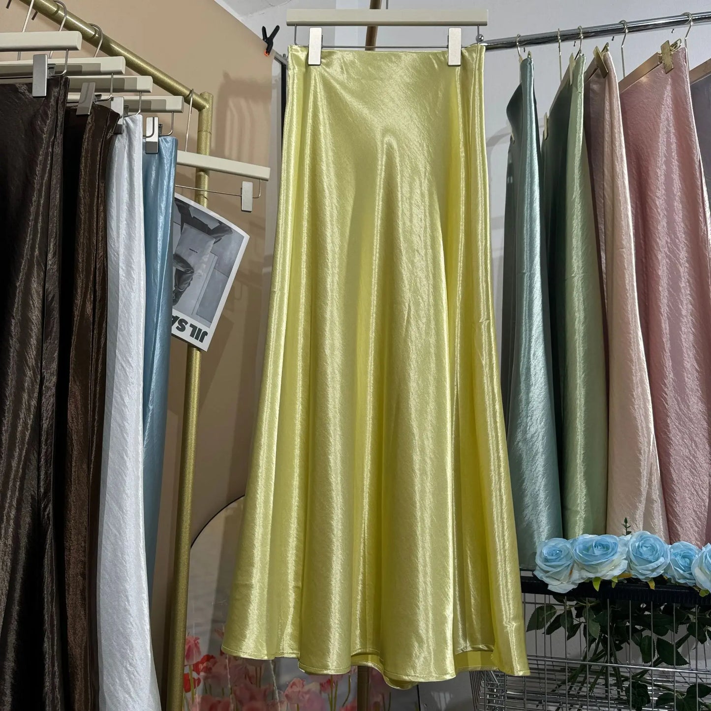 Glossy Satin Midi Skirt