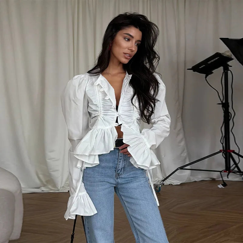 Ruffles Drawstring Fitted Blouse