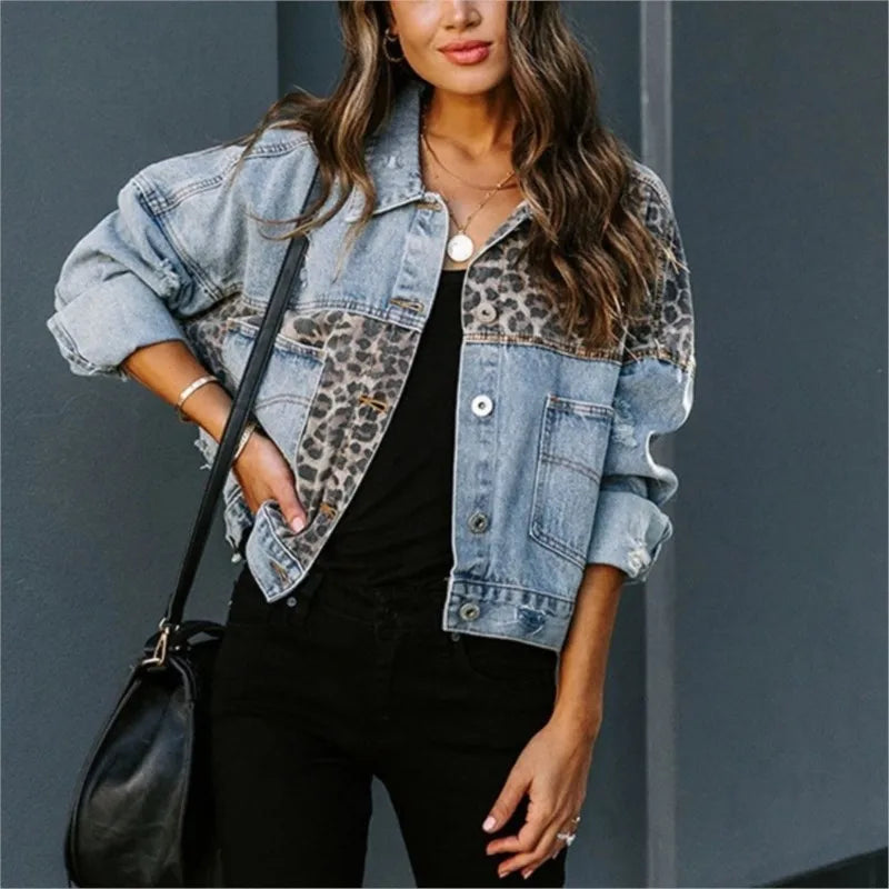 Leopard Patchwork Denim Jacket
