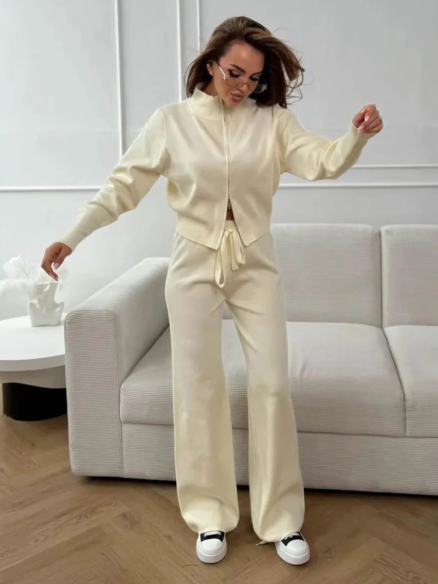 Knit Zip Up Cardigan Wide Leg Pants Set