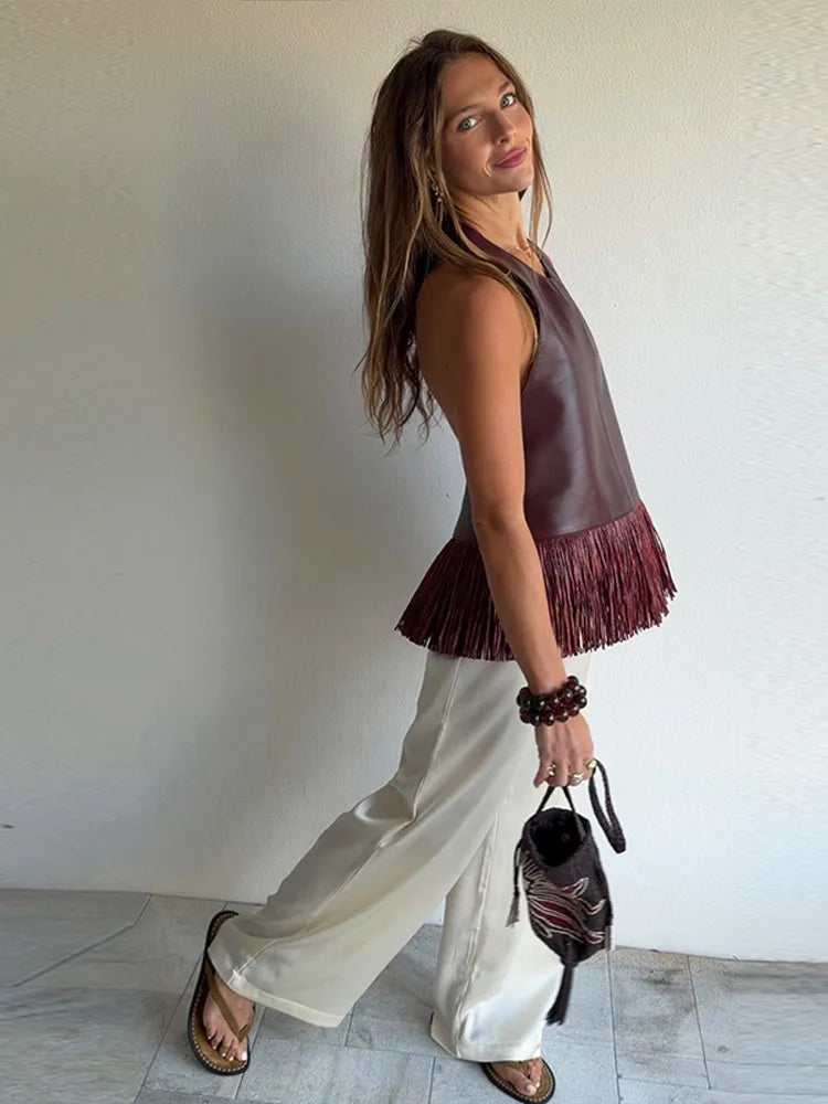 Faux Leather Fringe Halter Top