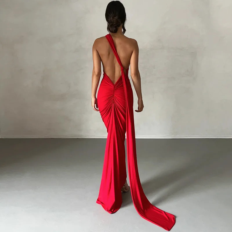 One Shoulder Backless Ruched Dress