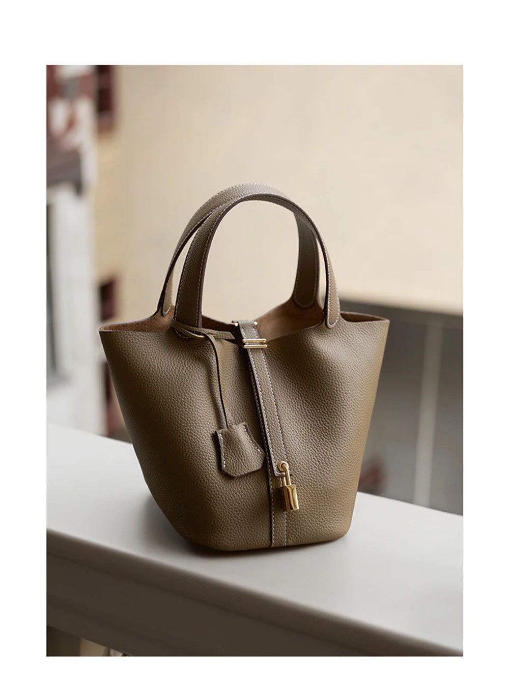 Genuine Leather Bucket Bag with Lock
