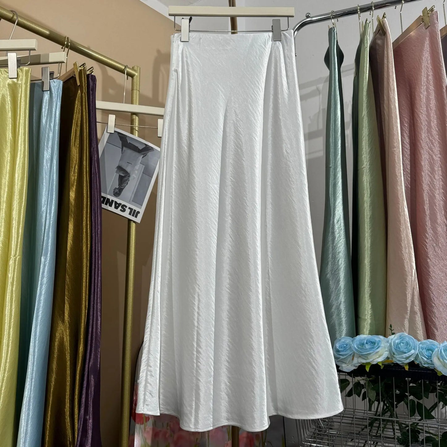 Glossy Satin Midi Skirt
