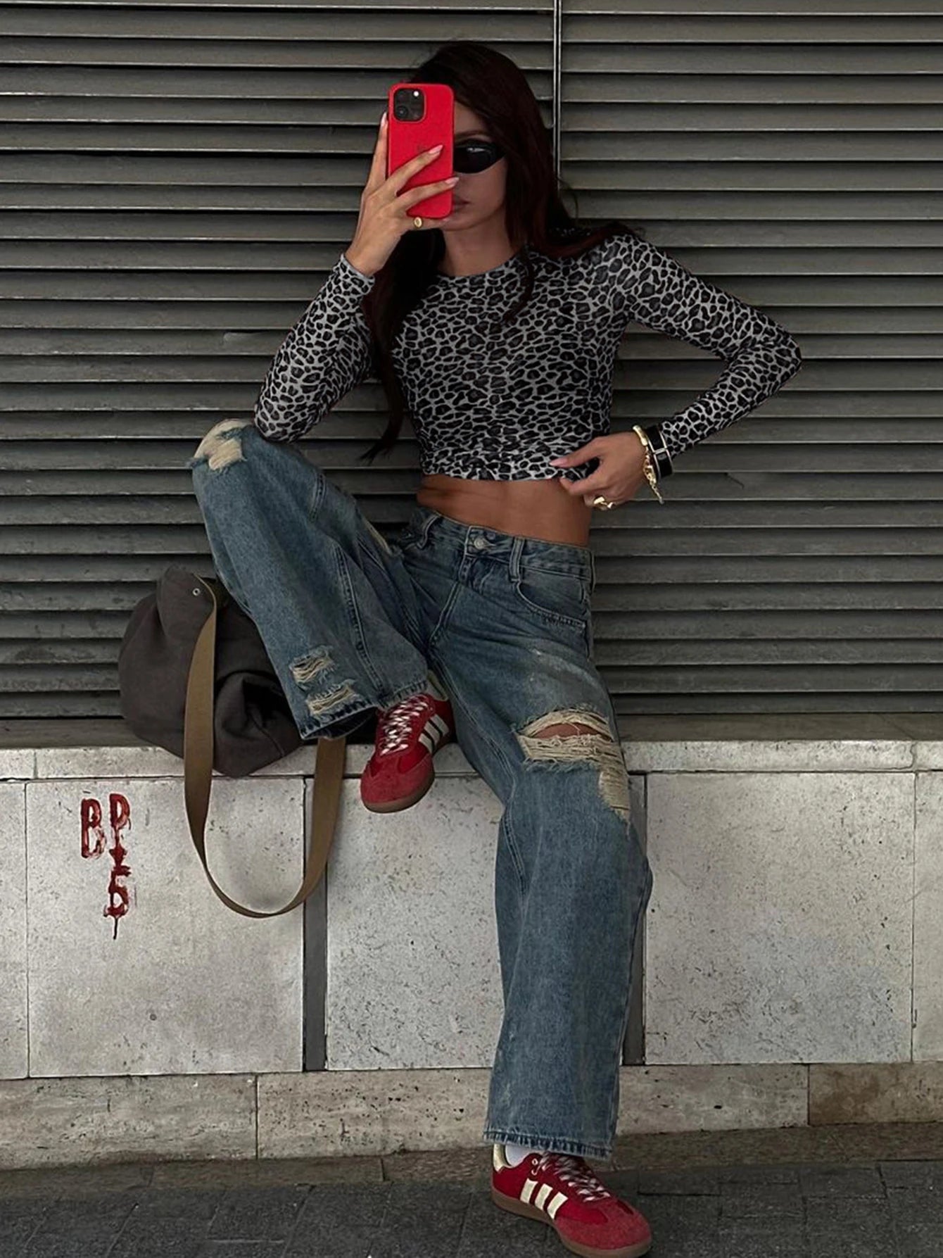 Leopard Bodycon Long Sleeve Crop