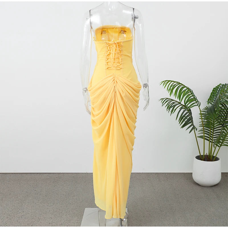 Solid Pleated Strapless Dress