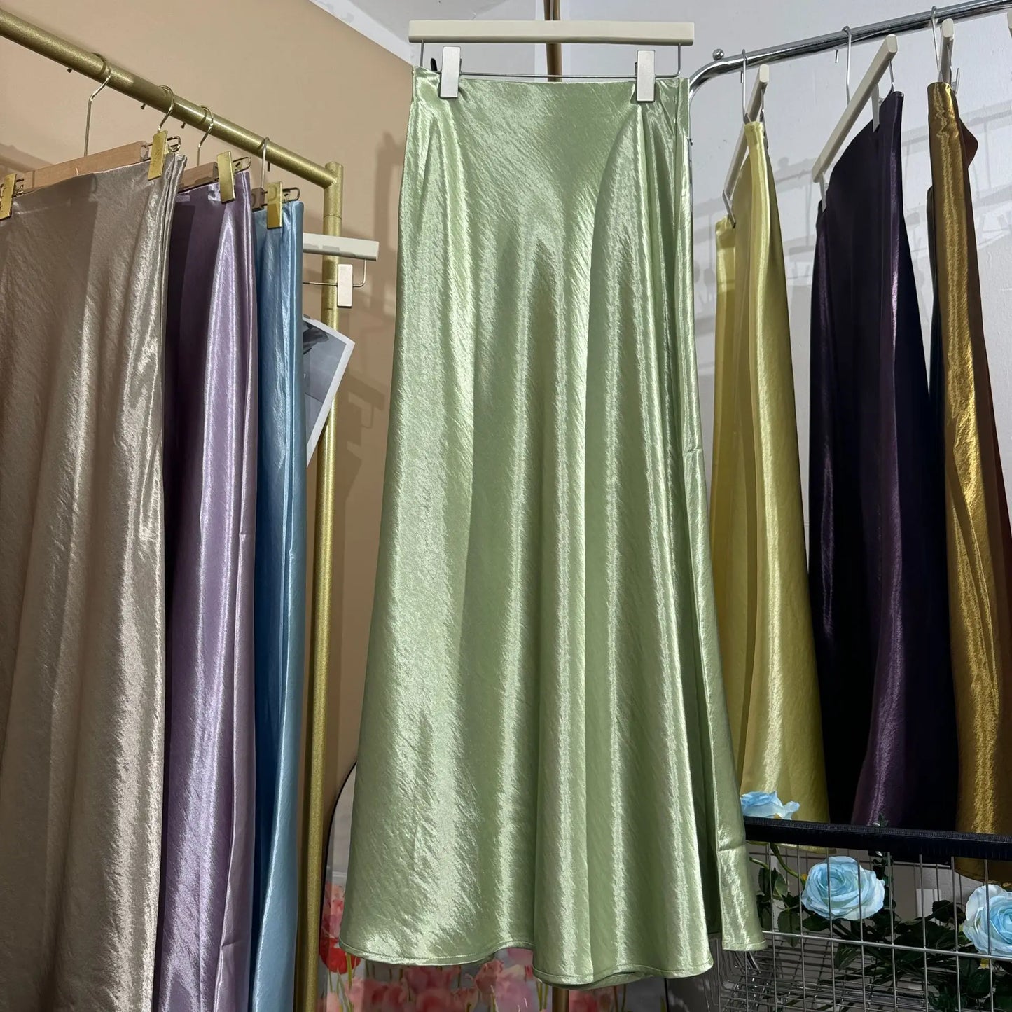 Glossy Satin Midi Skirt