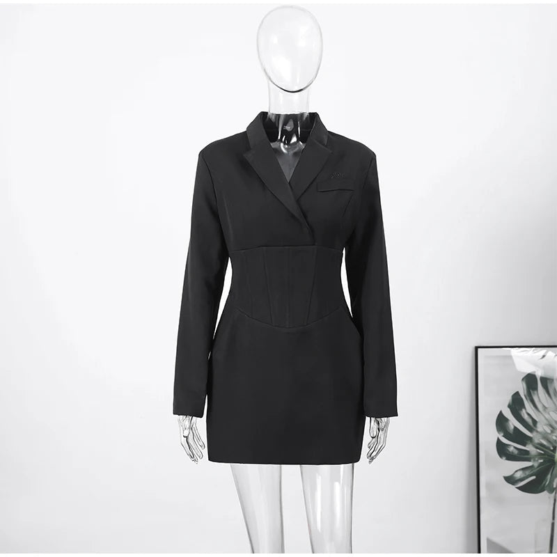Lapel Waist Cinching Suit Dress