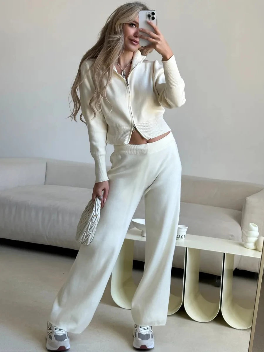Knit Zip Up Cardigan Wide Leg Pants Set