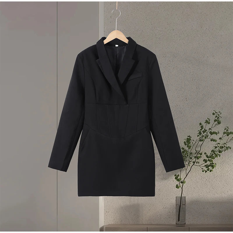 Lapel Waist Cinching Suit Dress