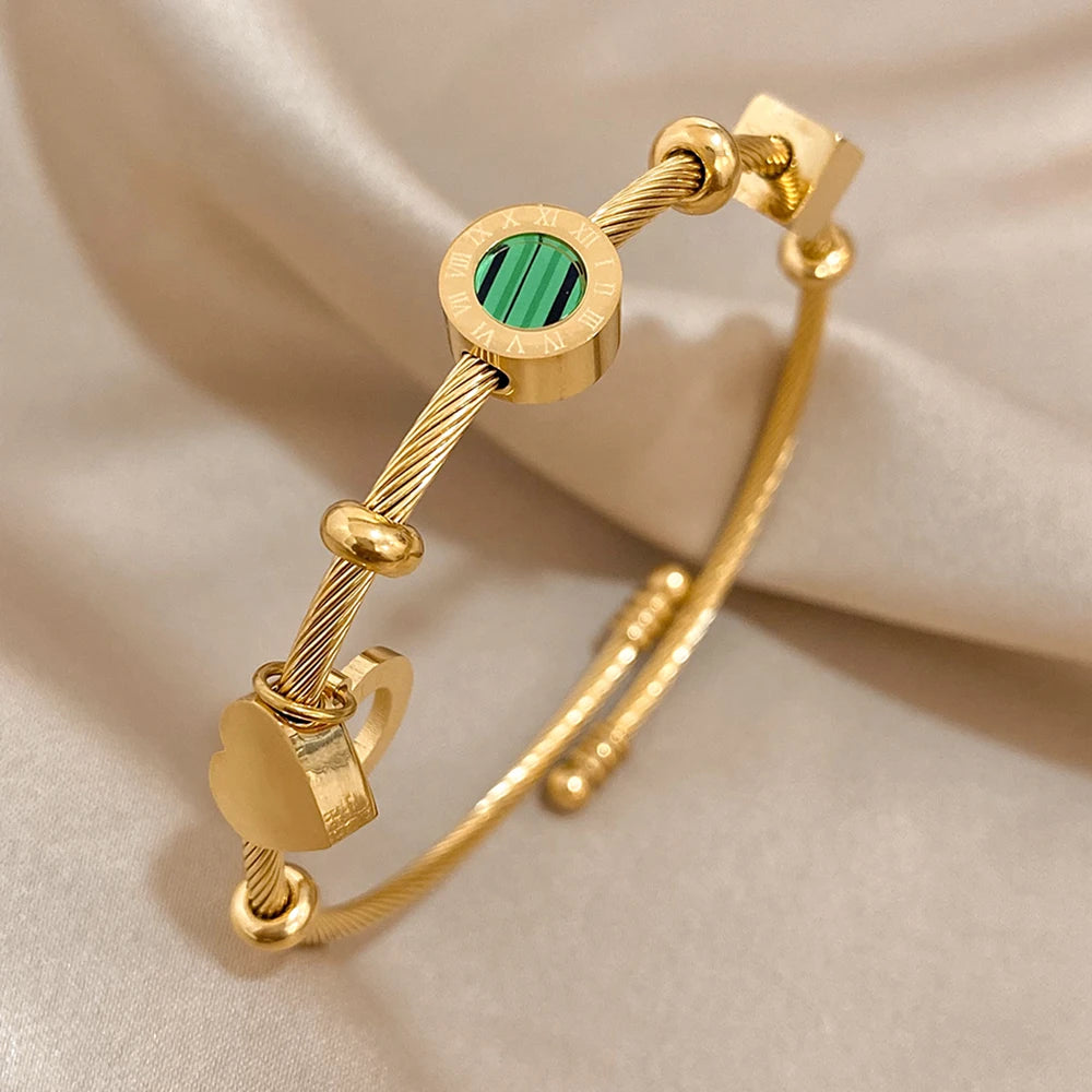Stainless Steel Malachite Charm Bracelet