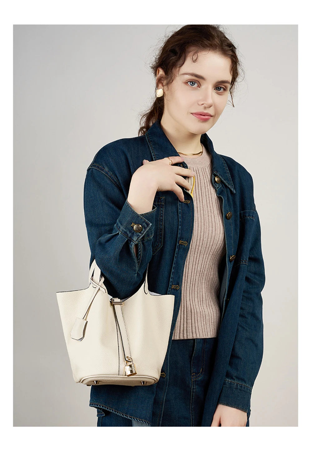 Genuine Leather Bucket Bag with Lock