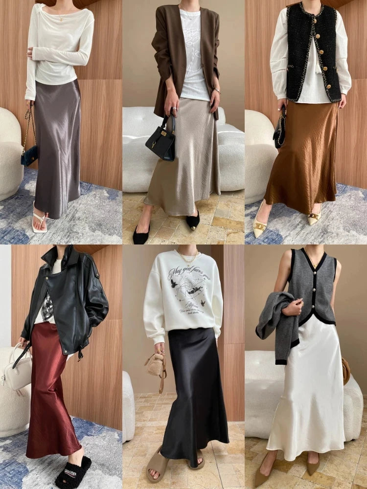 Glossy Satin Midi Skirt
