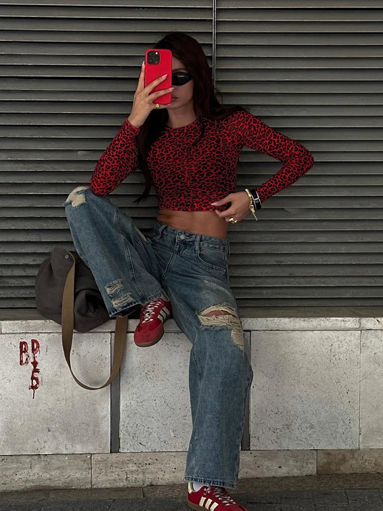 Leopard Bodycon Long Sleeve Crop