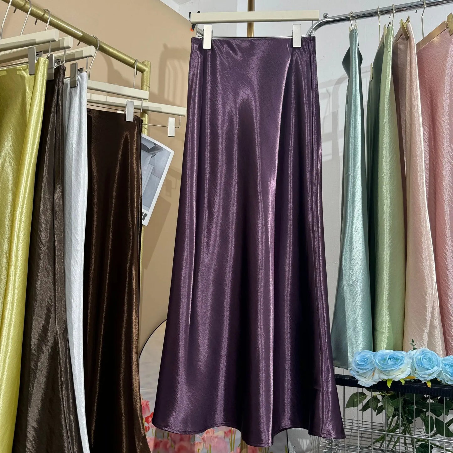 Glossy Satin Midi Skirt
