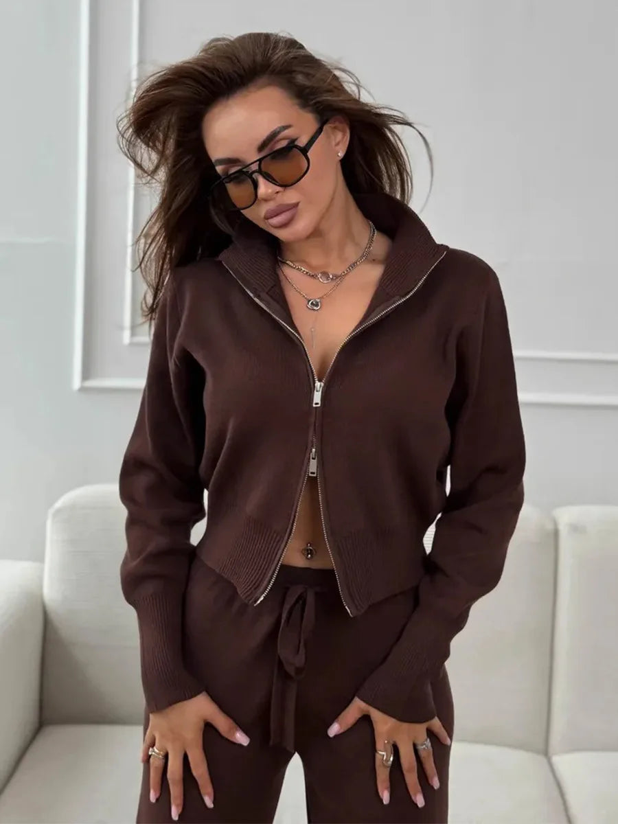 Knit Zip Up Cardigan Wide Leg Pants Set