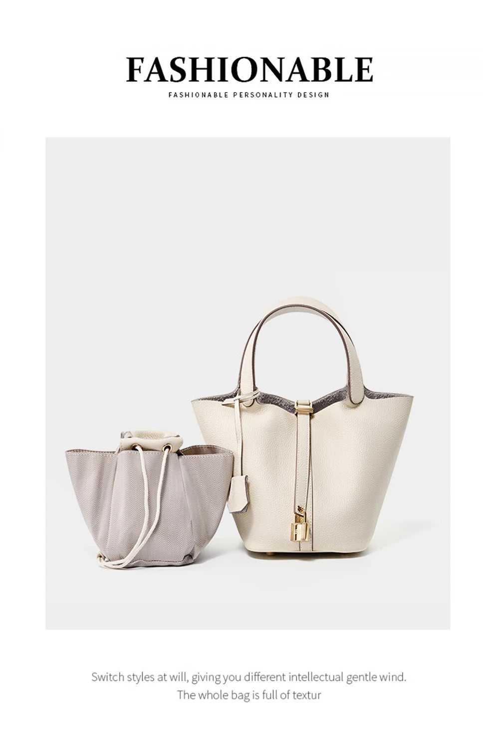 Genuine Leather Bucket Bag with Lock