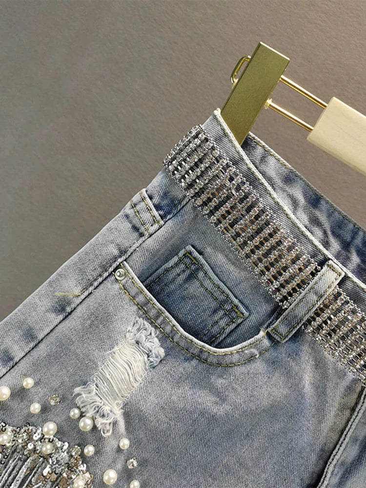 Tassel Beading High Waist Denim Shorts No Belt