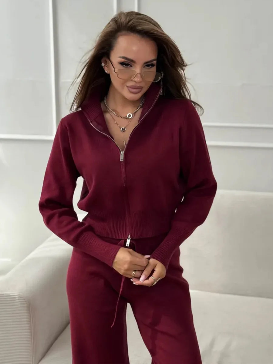 Knit Zip Up Cardigan Wide Leg Pants Set
