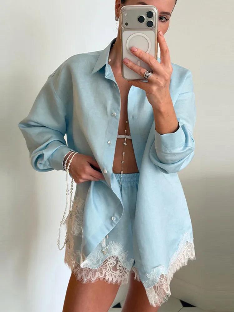 Long Sleeve Button Up Lace Patchwork Shorts Set