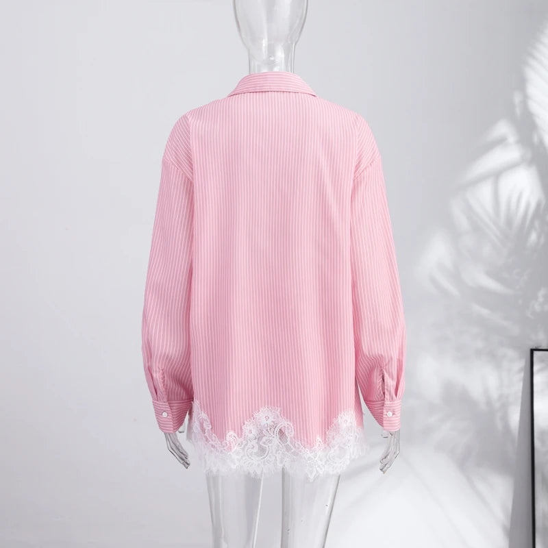 Long Sleeve Button Up Lace Patchwork Shorts Set