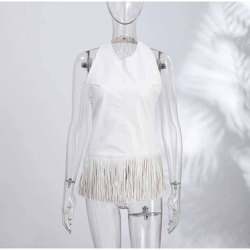 Faux Leather Fringe Halter Top