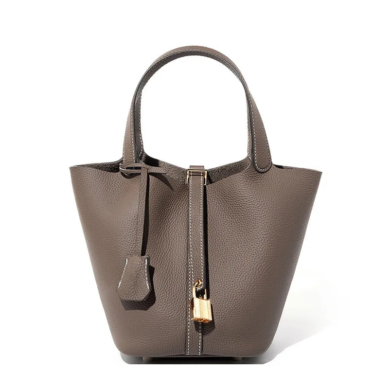 Genuine Leather Bucket Bag with Lock