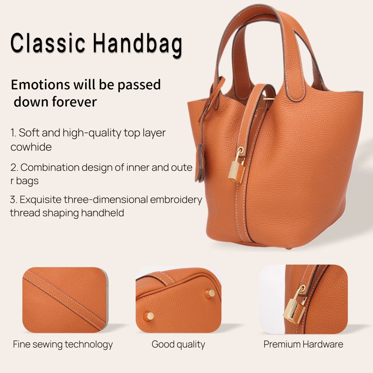 Genuine Leather Bucket Bag with Lock