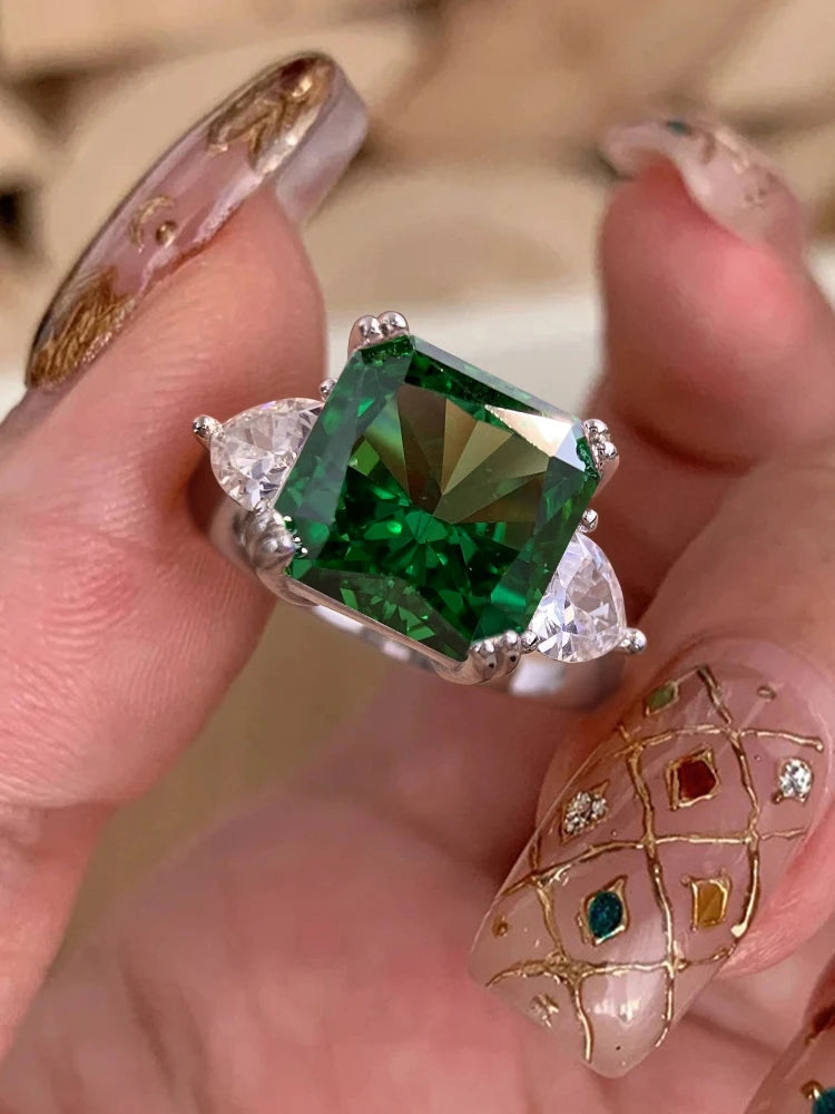 Sterling Silver Green White Sugar Cube Zirconia Ring