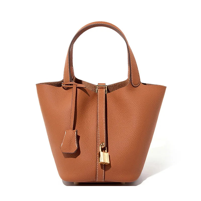 Genuine Leather Bucket Bag with Lock