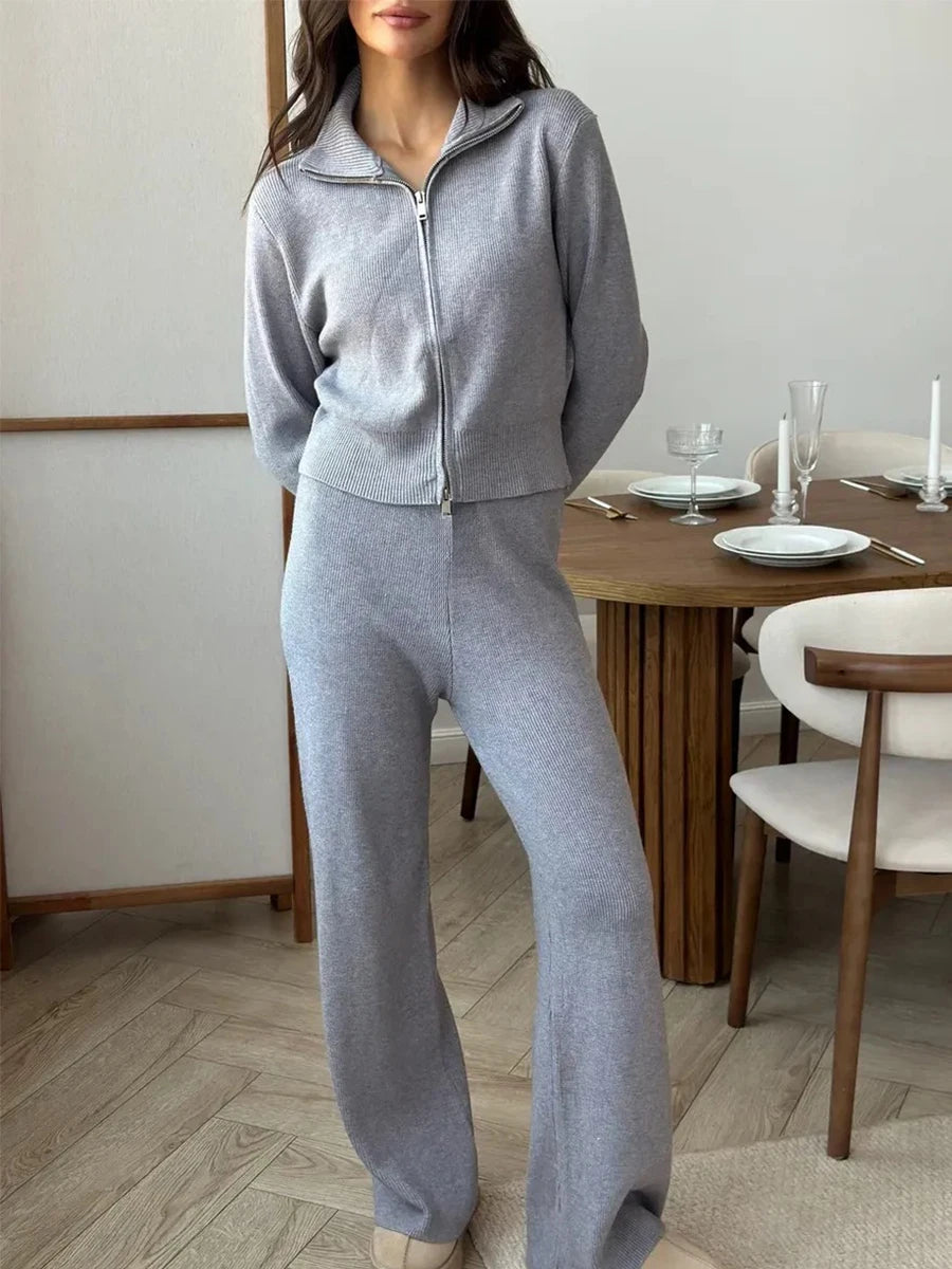 Knit Zip Up Cardigan Wide Leg Pants Set