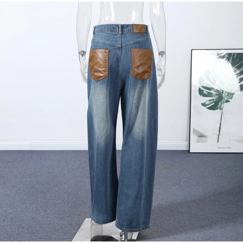 Leather Patchwork Denim Trousers